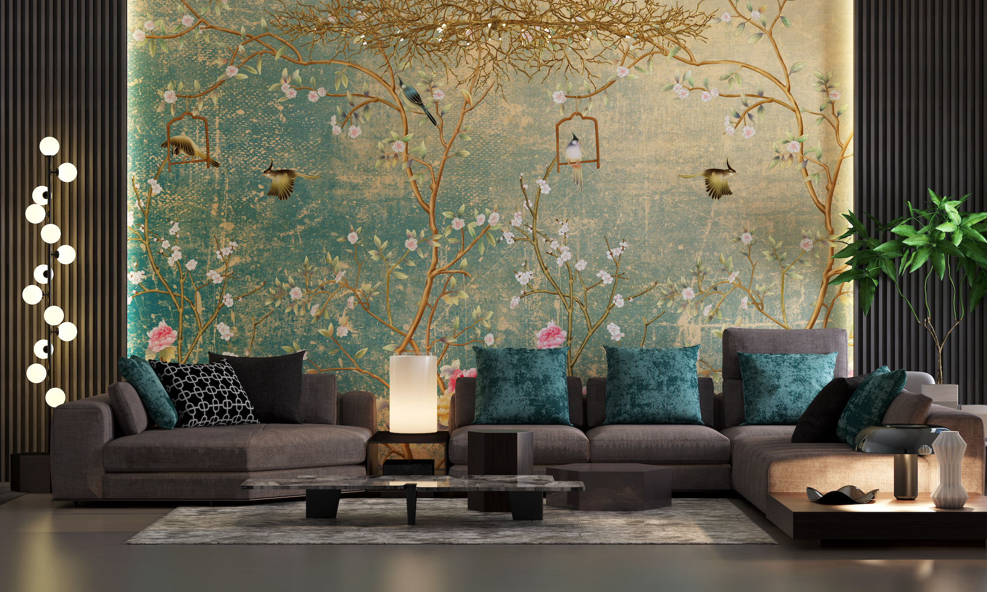 Grand salon japonisant avec canapé gris et coussin verts et fresque de nature au mur