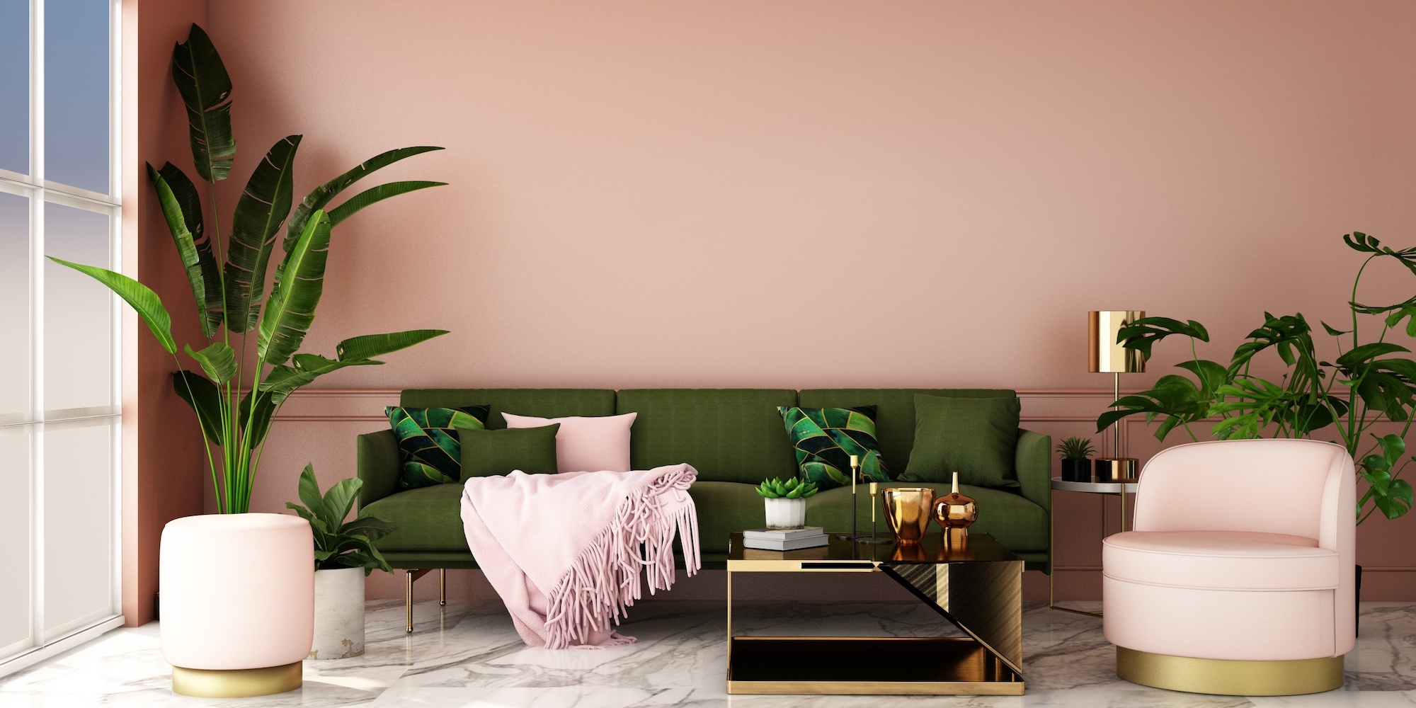 salon féminin avec canapé vert, fauteuil rose, table basse en métal doré et plantes vertes