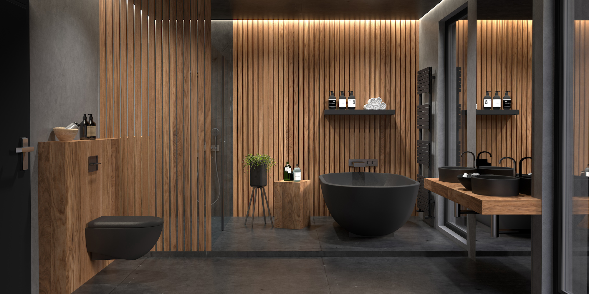 salle de bain avec équipements noirs et parois bois au mur